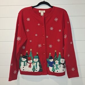 Vtg Bechamel Christmas Sweater Long Sleeve Embroidered Cute Snowmen Red Small